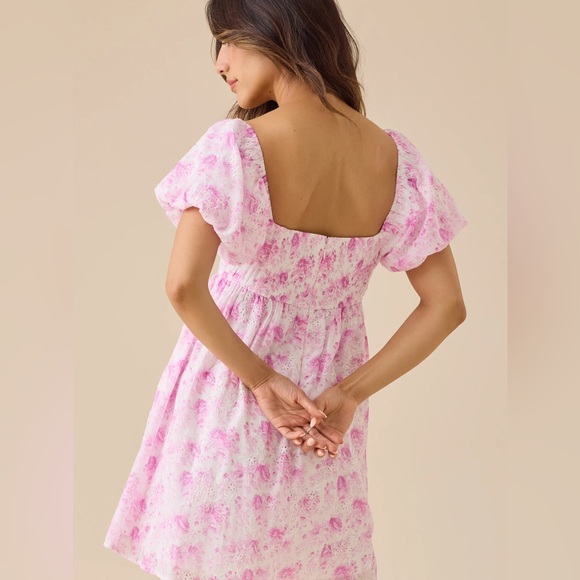 Altar'd State Pink and White tie dye Dress floral short puff sleeve large mini - Picture 2 of 4